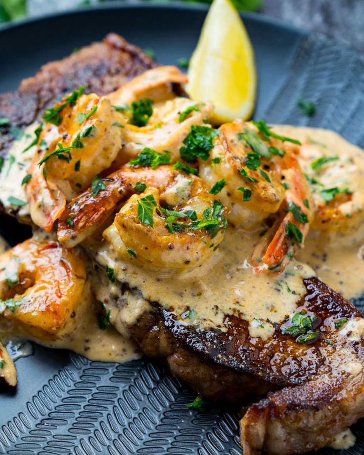 STEAK AND SHRIMP WITH CREAMY MUSHROOM SAUCE